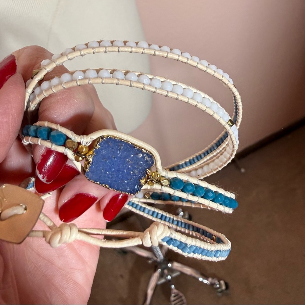 Nakamol blue white Raw gemstone boho Mediterranean long Wrap bracelet - Picture 12 of 15